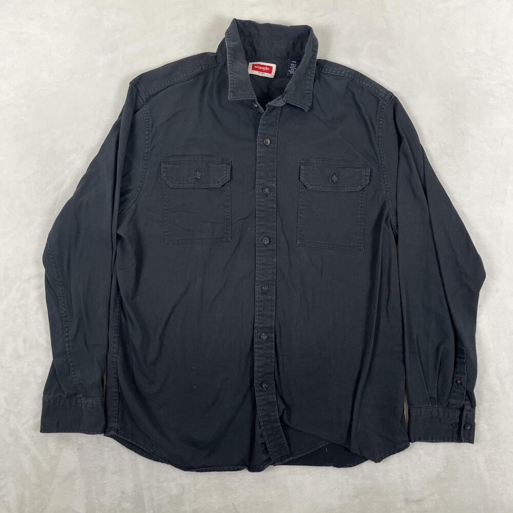 Wrangler Shirt Mens Large Black Solid Twill Long Sleeve Button Front Casual